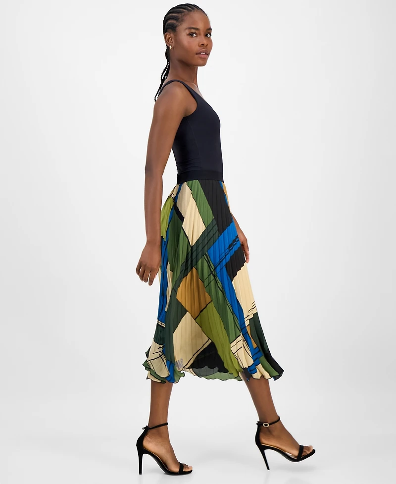 T Tahari Women's Printed Pleated Flared Midi Skirt