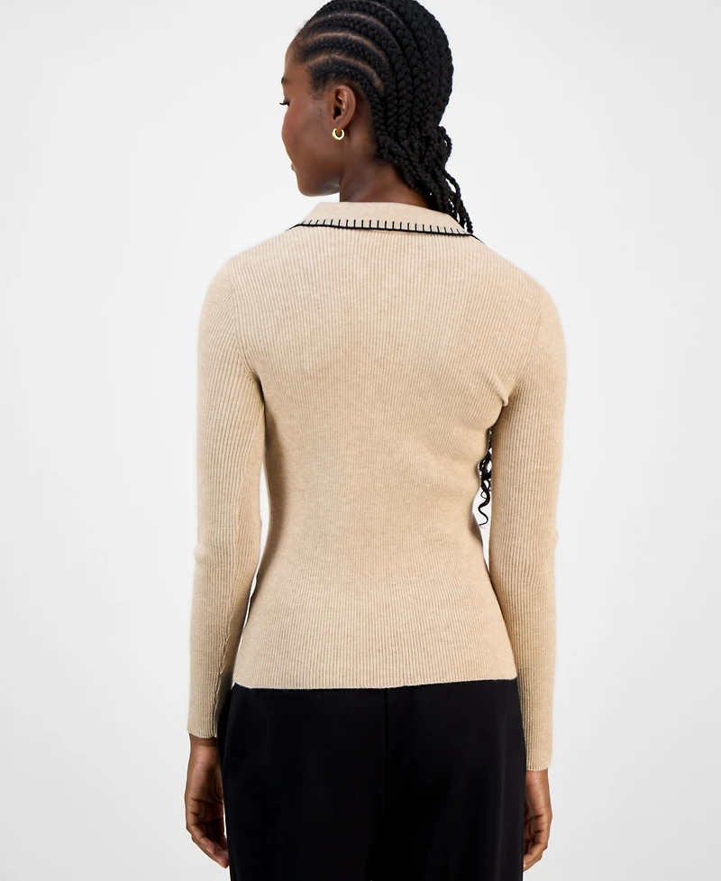 T Tahari Women's Ribbed-Knit Polo Top