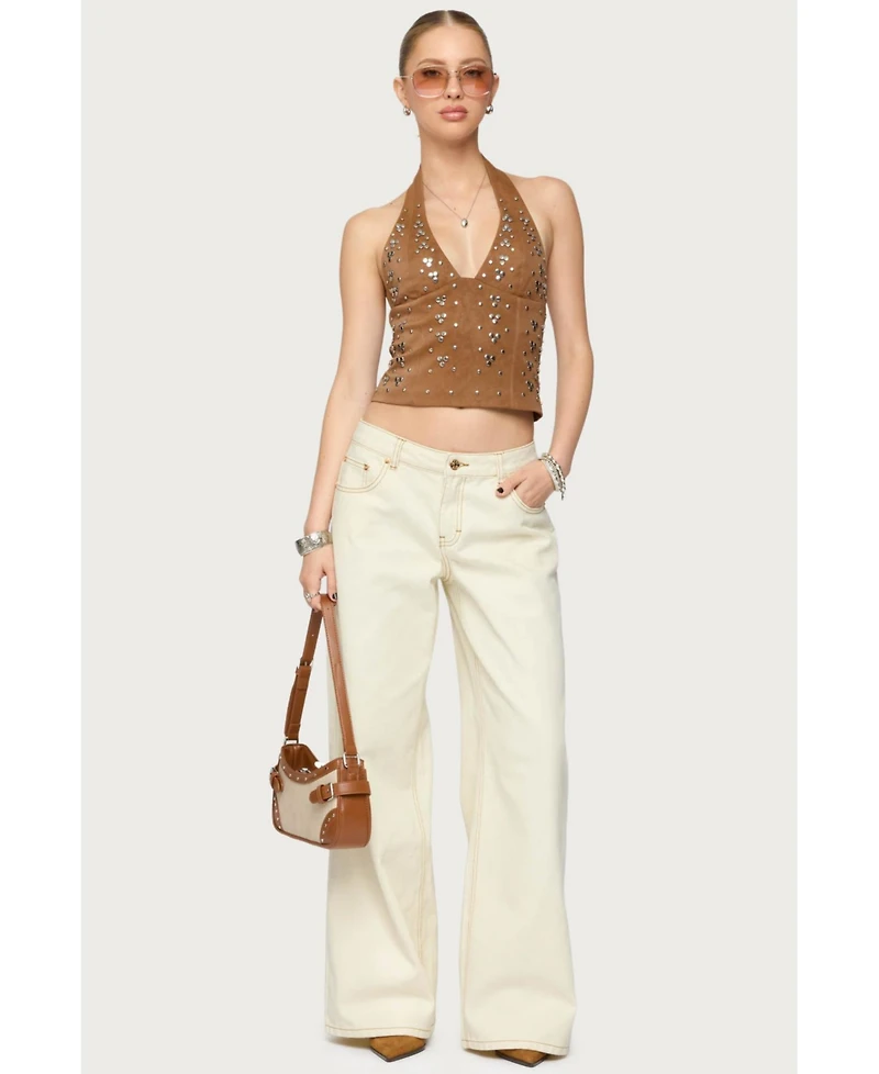 Edikted Women's Contrast Stitch Low Rise Wide Leg Jeans
