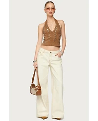 Edikted Women's Contrast Stitch Low Rise Wide Leg Jeans