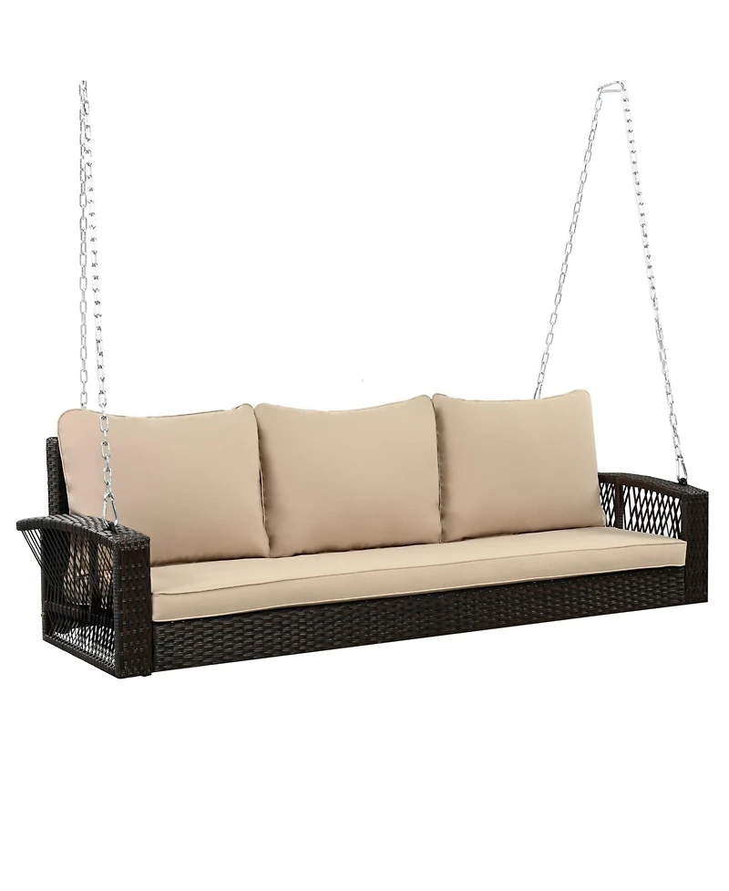 69" Pe Wicker 3-Person Porch Swing with Cushions
