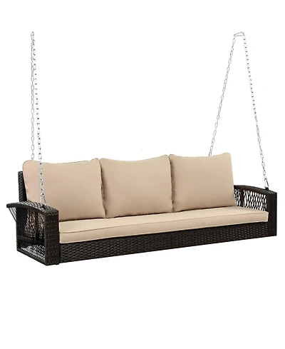 69" Pe Wicker 3-Person Porch Swing with Cushions