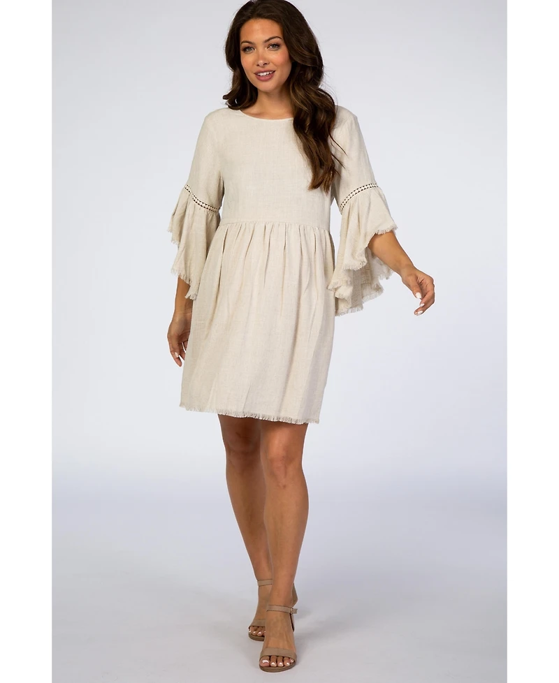 Pinkblush Beige Raw Edge Bell Sleeve Babydoll Maternity Dress