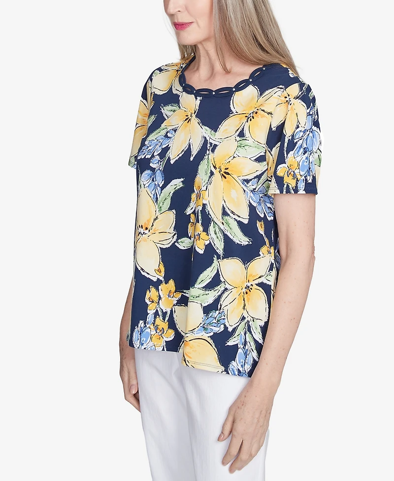 Alfred Dunner Petite Navy Floral Braided Crew Neck Top