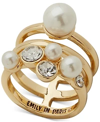 Emily in Paris Gold-Tone Crystal & Imitation Pearl Triple-Row Ring