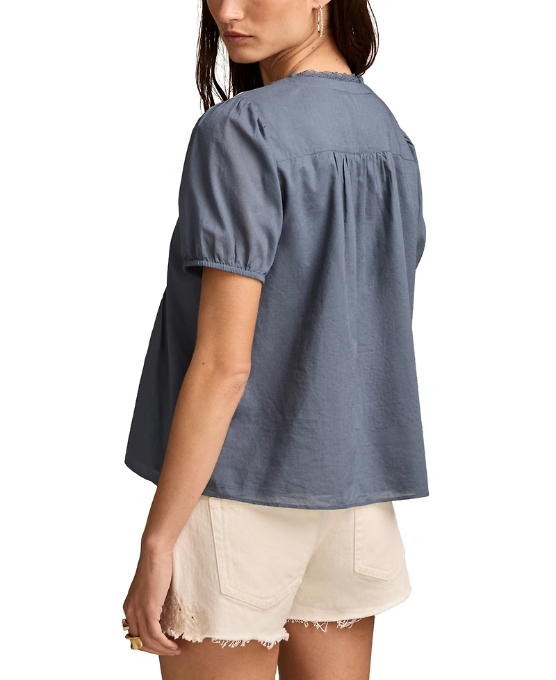 Lucky Brand Women's Cotton Short-Sleeve Pintuck Top