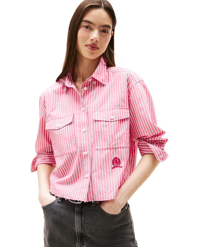 Tommy Jeans Women's Cotton Crop Button-Front Crest Shirt
