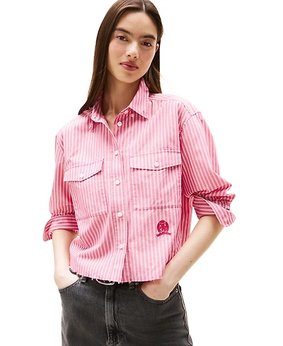 Tommy Jeans Women's Cotton Crop Button-Front Crest Shirt
