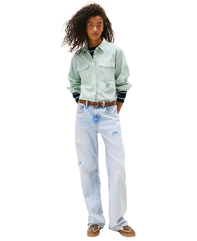 Tommy Jeans Women's Cotton Crop Button-Front Crest Shirt