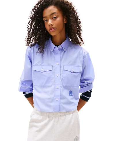 Tommy Jeans Women's Cotton Crop Button-Front Crest Shirt