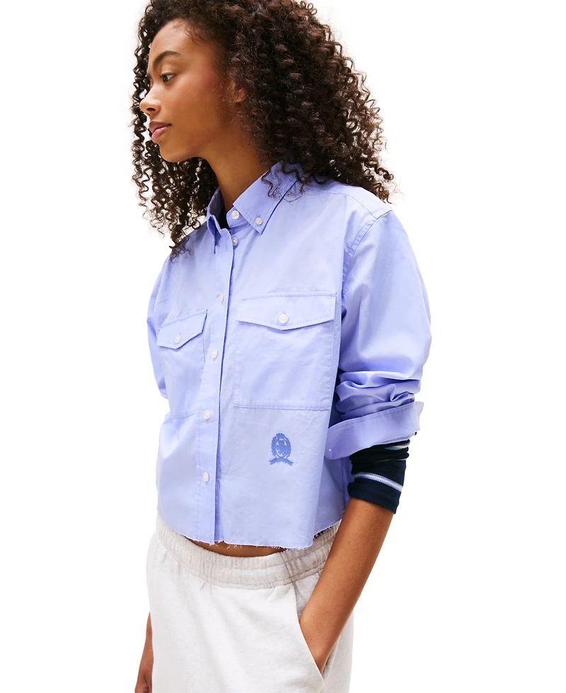 Tommy Jeans Women's Cotton Crop Button-Front Crest Shirt