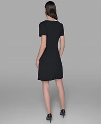 Karl Lagerfeld Paris Women's Scuba Crepe Short Sleeve Bow Detail A-line Dress