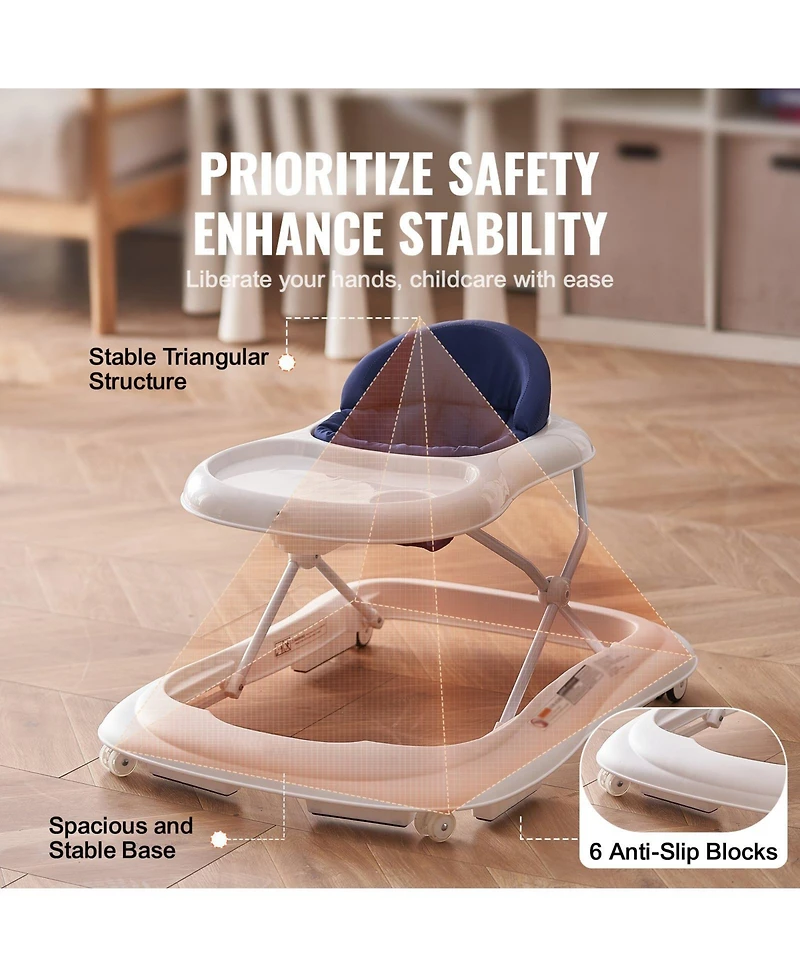 Slickblue Kids Anti-Rollover Foldable Baby Walker with Adjustable Height Wheels and Feeding Tray