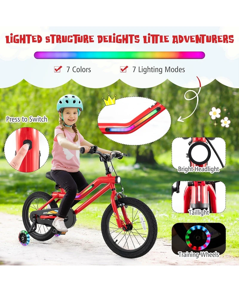 16 Inch Kids Bike with Led Lights Adjustable Carbon Steel Bicycle for 4-8 Years Old