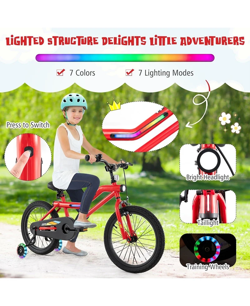 18 Inch Kids Bike with Led Lights Adjustable Carbon Steel Bicycle for 4-8 Years Old