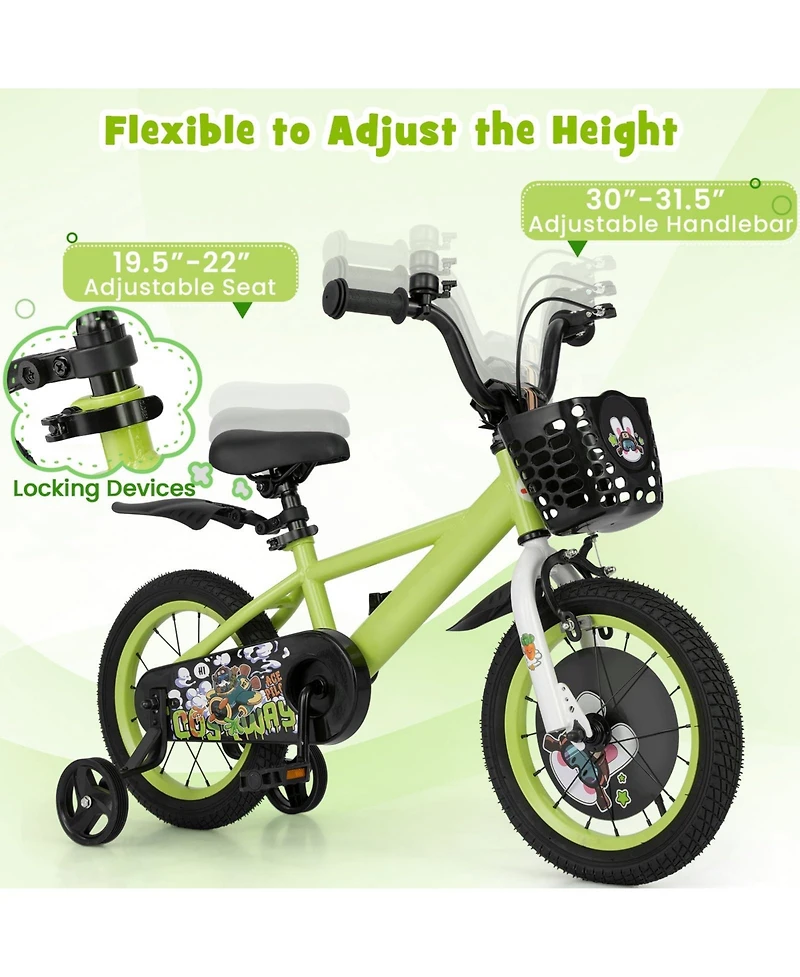 14 Inch Kids Bike Adjustable with Detachable Training Wheels for 3-8 Years Old
