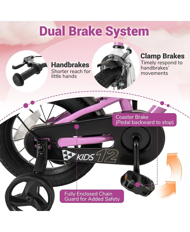 Kids Bike 12-Inch Children Training Bicycle with 2 Brake for 3-8 Years Old