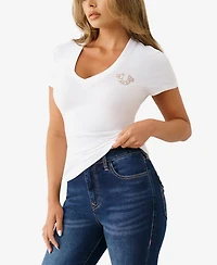 True Religion Women's Crystal Logo V-Neck T-Shirt