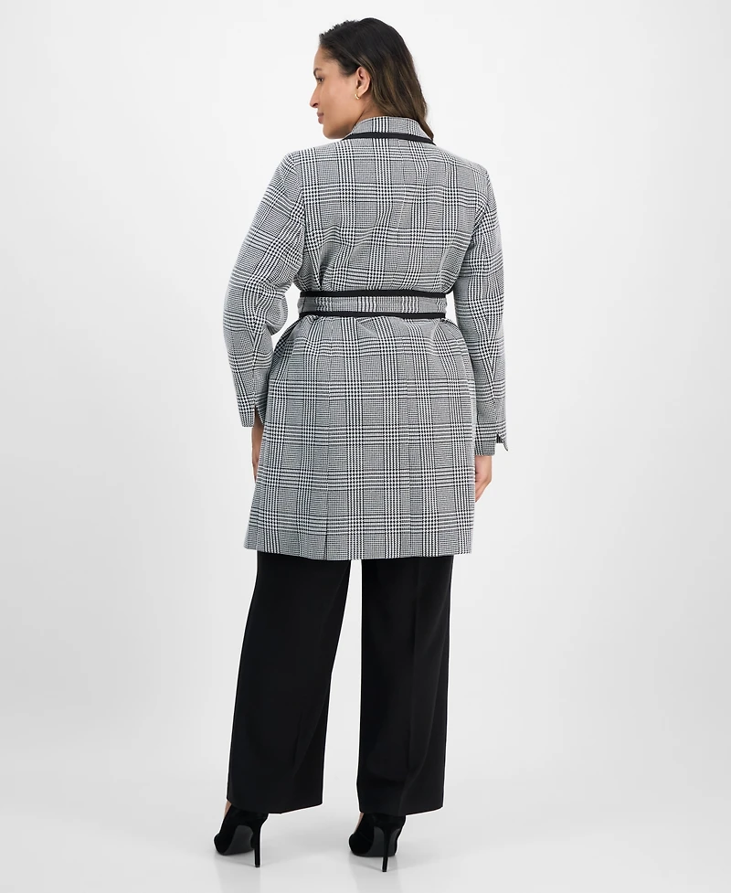 Le Suit Plus Framed Plaid Belted Wide-Leg Pantsuit
