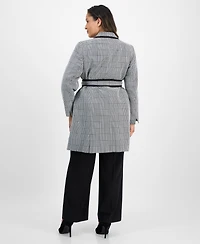 Le Suit Plus Framed Plaid Belted Wide-Leg Pantsuit