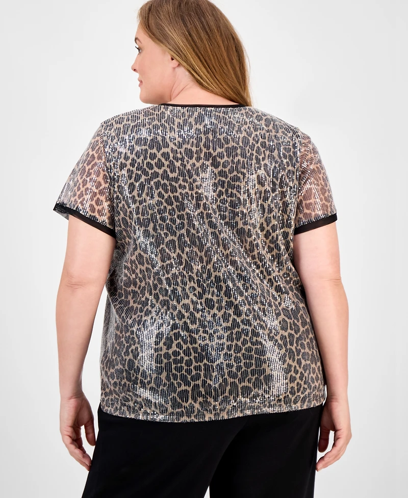 Anne Klein Plus Animal-Print Sequin Top