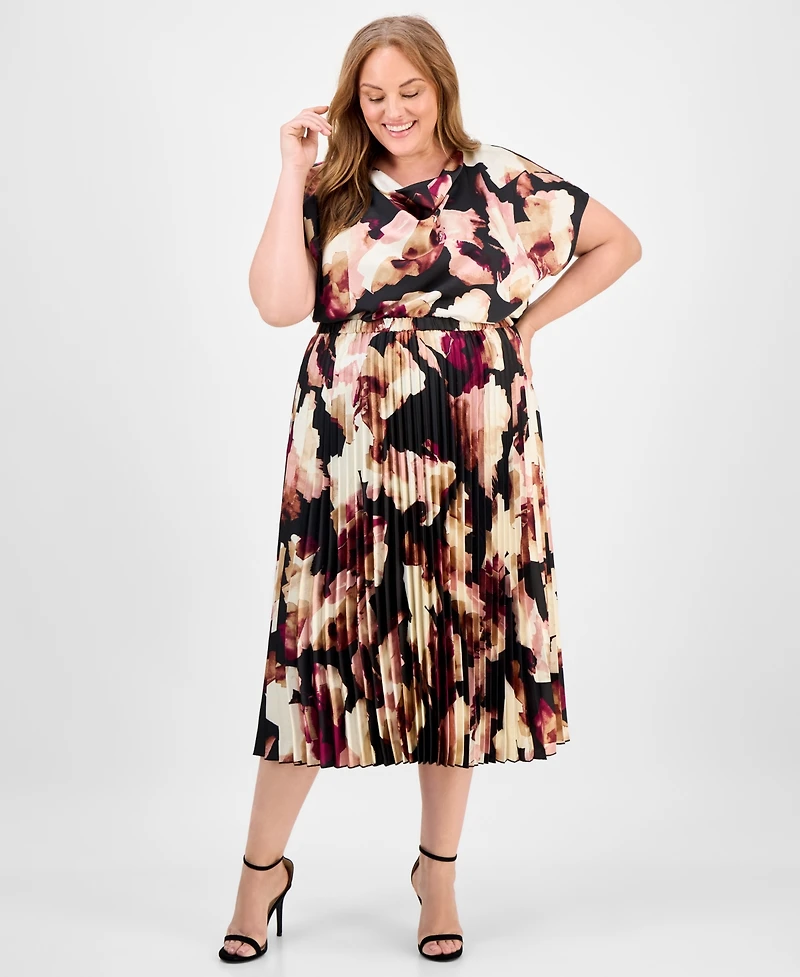 Anne Klein Plus Pleated Abstract-Print Pull-On Midi Skirt