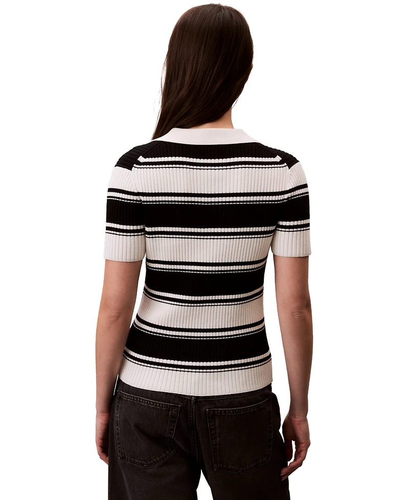 Calvin Klein Jeans Women's Cotton Polo Striped Short-Sleeve Sweater