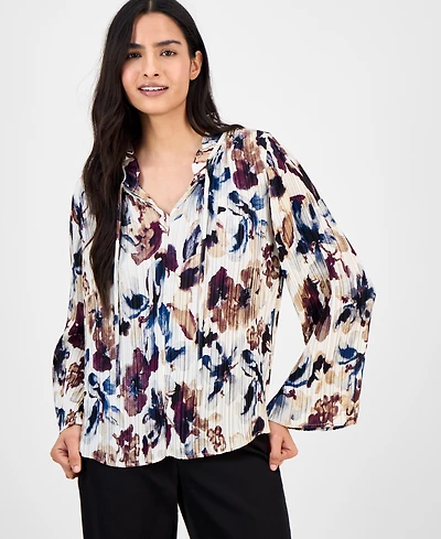 Anne Klein Women's Printed Pleated Split-Neck Blouse