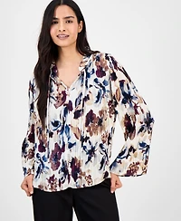 Anne Klein Women's Printed Pleated Split-Neck Blouse