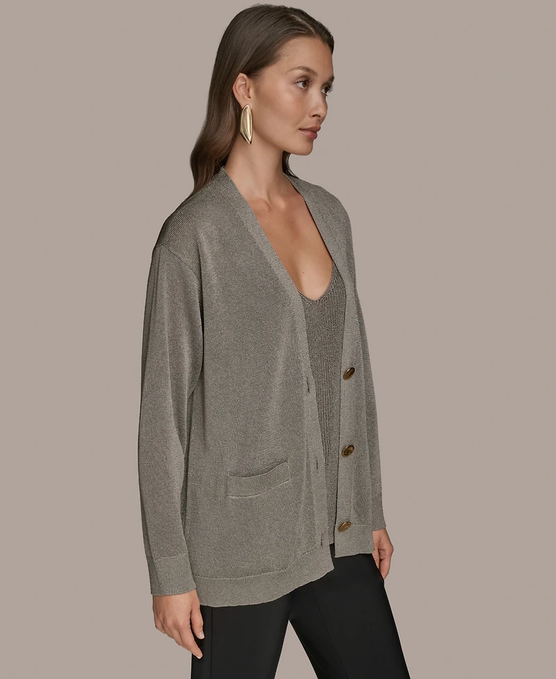 Donna Karan New York Women's Long-Sleeve Metallic Three-Button Cardigan Sweater