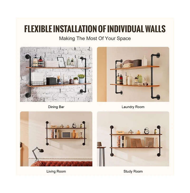 2 Tier Industrial Pipe Wall-Mount Shelf for Kitchen Bedroom and Living Room