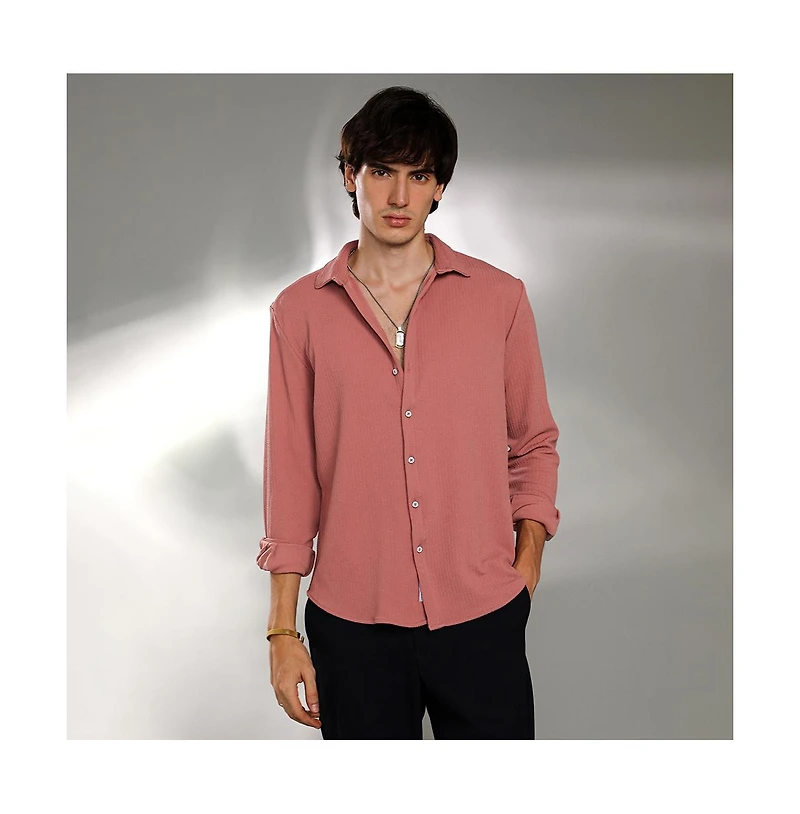 Campus Sutra Men's Salmon Pink Stripe-Creased Shirt
