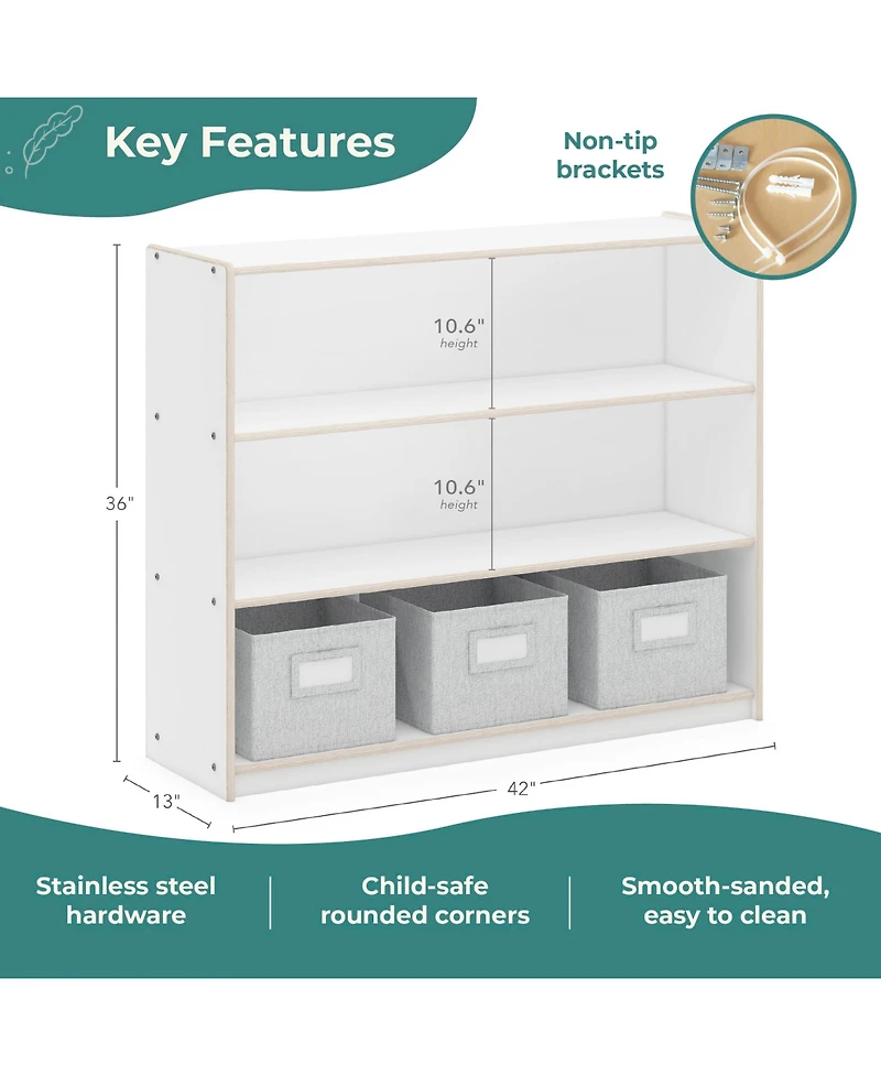Guidecraft EdQ 3-Shelf Open Storage 36" - Natural: Children's Wooden Home and Classroom Toy Book Organizer with Shelves Bins