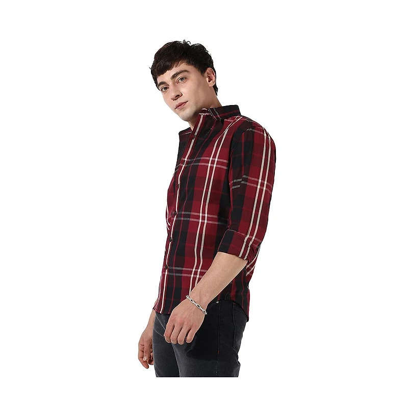Campus Sutra Men's Plaid Red Cotton Shirt