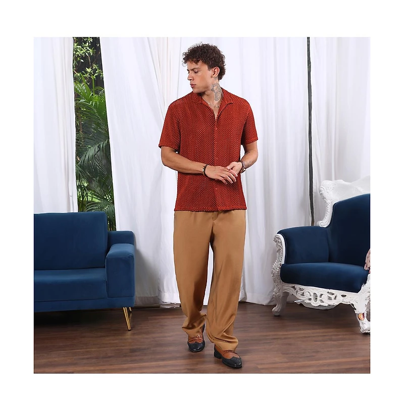 Campus Sutra Men's Terracotta Brown Puffy-Textured Shirt