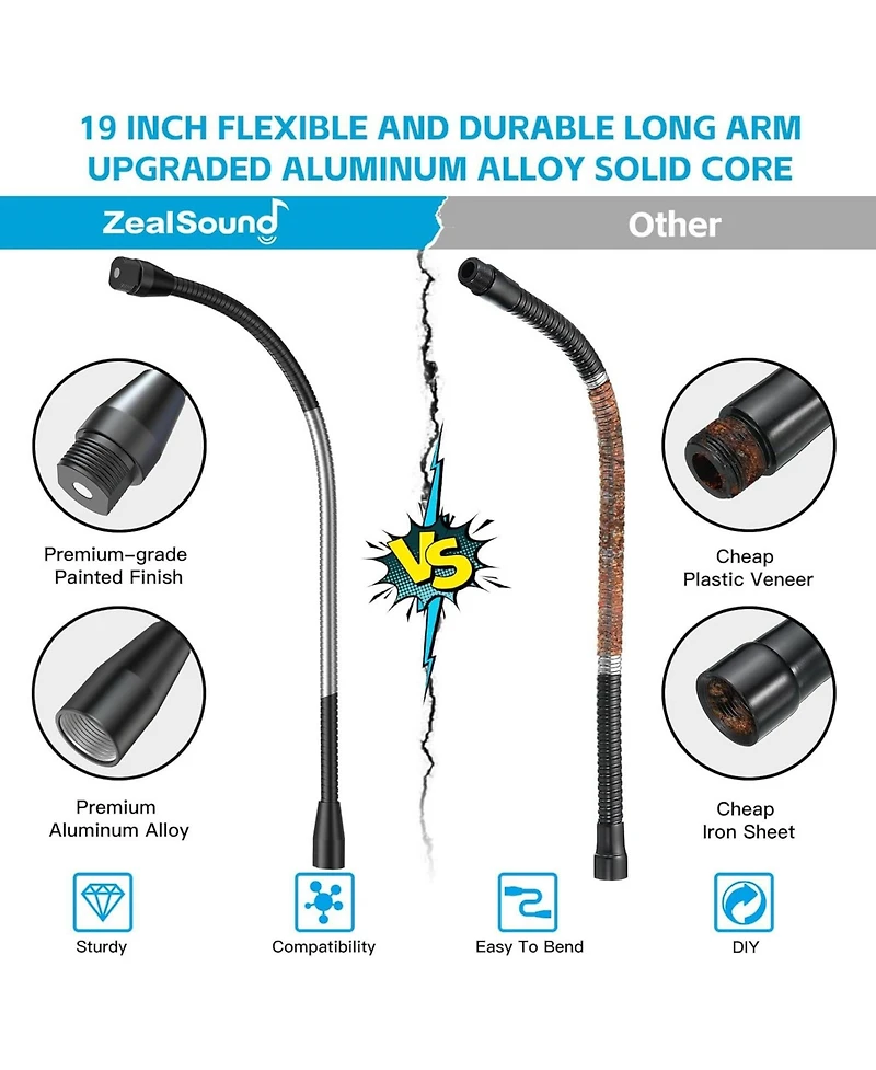 ZealSound Upgraded Metal Hose Arm, 19-inch Flexible Stand, Heavy Duty Mic & Phone Holder, 5/8" Thread