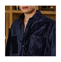 Campus Sutra Men's Navy Blue Cheetah Velvet Oversized Shirt
