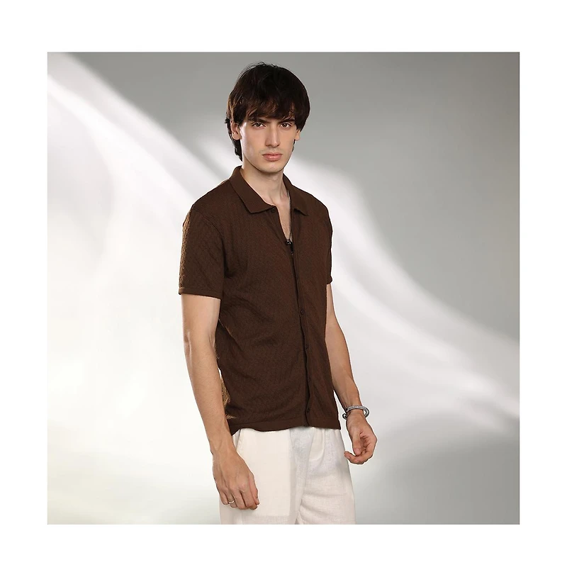 Campus Sutra Men's Taupe Brown Rhombus-Textured Knit Shirt