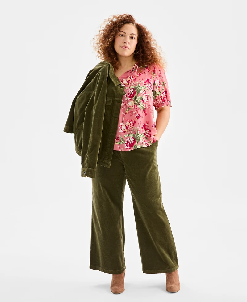 Style & Co Plus Floral Printed Puff-Sleeve Blouse, Macy's Exclusive