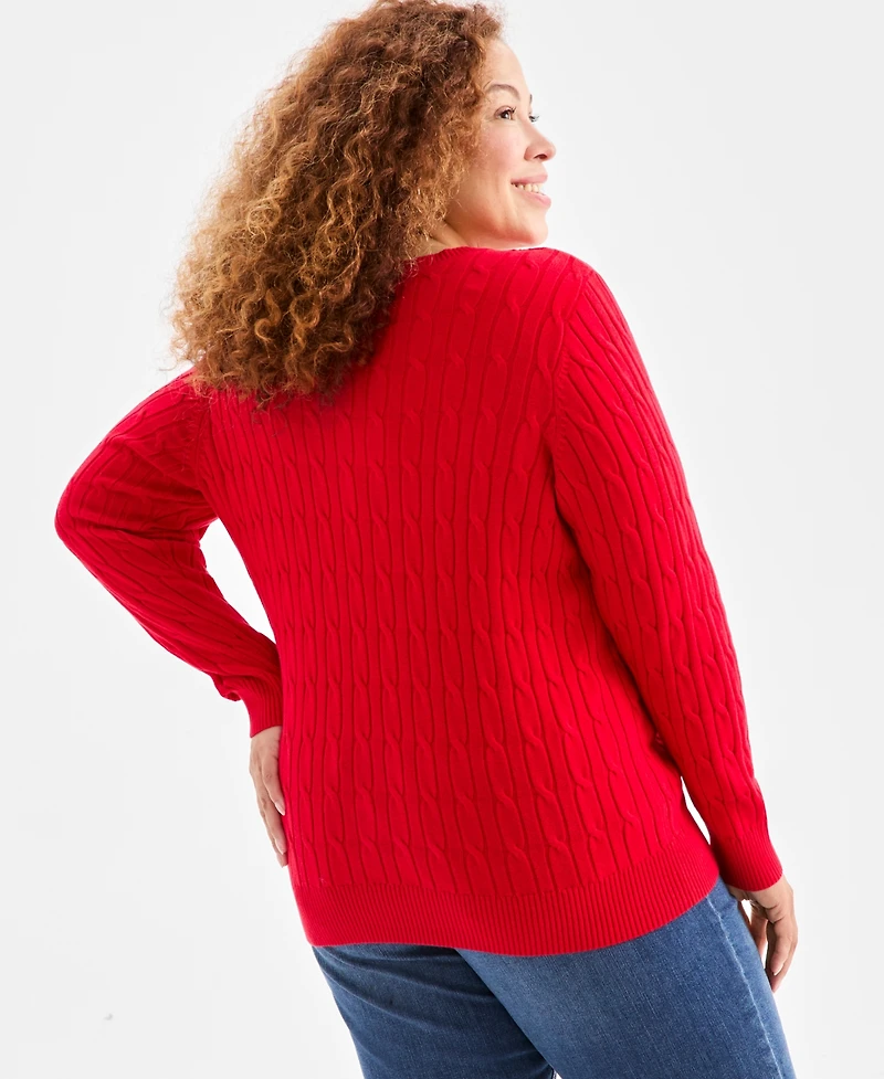 Style & Co Plus Cotton Cable-Knit V-Neck Sweater, Created for Macy's