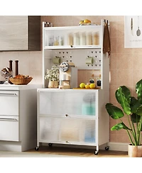 Slickblue 5 Tier Kitchen Bakers Rack with Lights Multifunctional Microwave Stand with Flip Door Cabinets