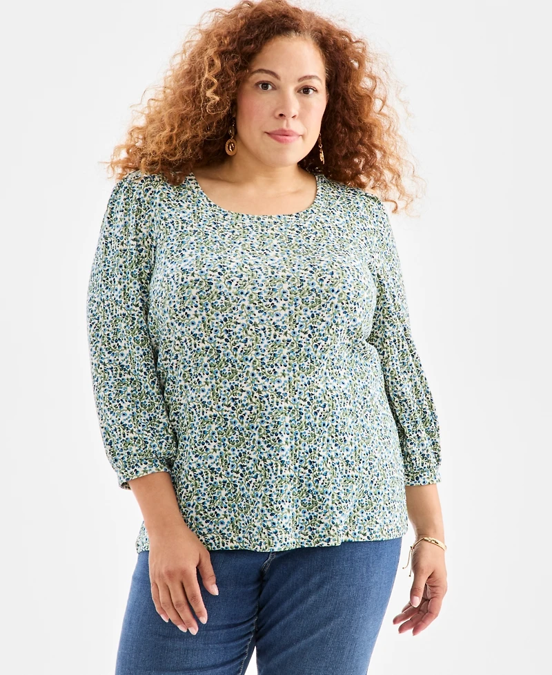 Style & Co Plus Printed 3/4-Sleeve Blouse, Macy's Exclusive