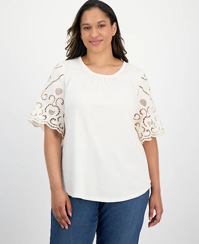 Style & Co Plus Crewneck Eyelet-Short-Sleeve Top, Exclusively at Macy's