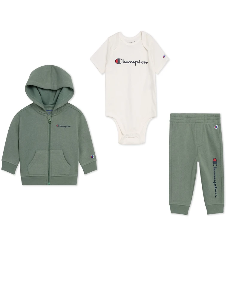 Champion Baby Boys 3-Piece Short Sleeve Bodysuit, Hoodie and Joggers Set