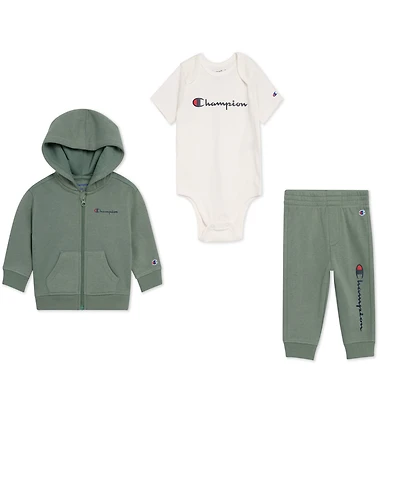 Champion Baby Boys 3-Piece Short Sleeve Bodysuit, Hoodie and Joggers Set
