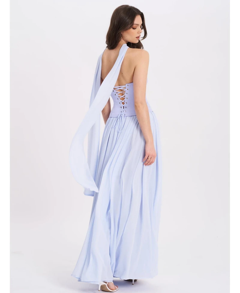Miss Circle Women's Qianna Baby Blue Peplum Top Drop Waist Chiffon Gown