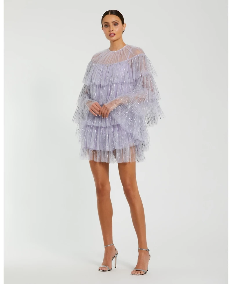 Mac Duggal Women's High Neck Tiered Ruffle Pearl Beaded Cape Dress