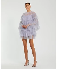 Mac Duggal Women's High Neck Tiered Ruffle Pearl Beaded Cape Dress