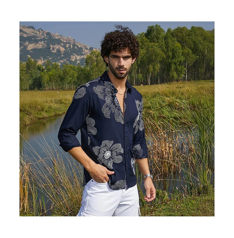 Campus Sutra Men's Navy Blue Maxi-Flora Shirt