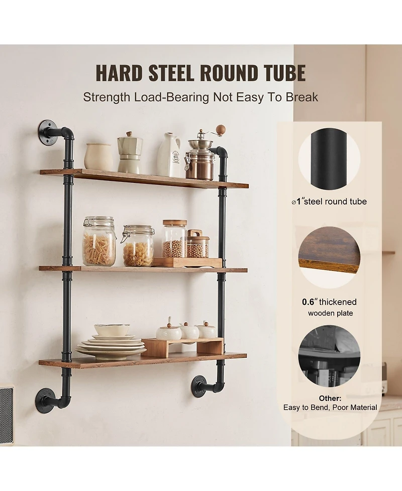 Slickblue 3 Tier Industrial Pipe Wall-Mount Shelf for Kitchen Bedroom and Living Space